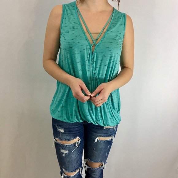 Glamvault Tops - Aqua & Black Marled Crisscross Tunic